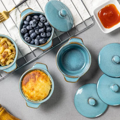 Vista 5 de Creme Brulee Ramekins de 8 onzas con tapas, cuencos aptos para horno para sopa de cebolla francesa, plato para soufflé, mini cazuela cubierta, juego