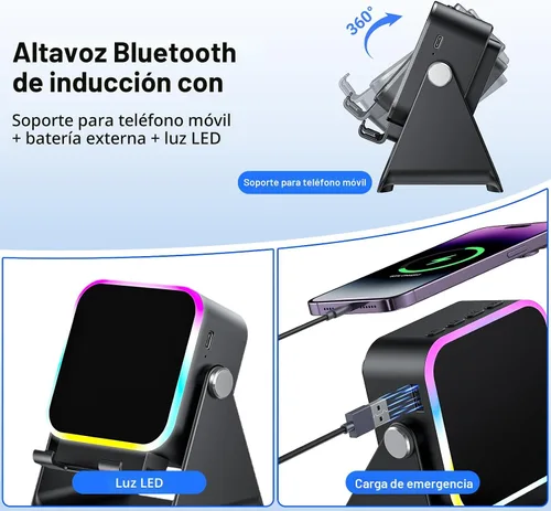 Vista 5 de Altavoz de inducción con soporte para teléfono 5 en 1 Audio inalámbrico de inducción Bluetooth para iPhone Android Altavoz con amplificador con luz
