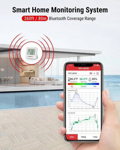 Vista 2 de TempPro TempAir - Termómetro higrómetro digital Bluetooth para interiores de 260 pies Humidity Meter with Smart App, Room Thermometer Humidity