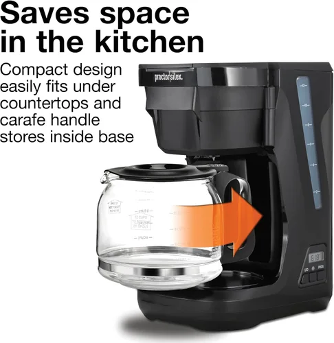 Vista 3 de Proctor Silex FrontFill - Cafetera de goteo, digital y programable, jarra de vidrio de 12 tazas, color negro y plateado (43685PS) Jarra de vidrio