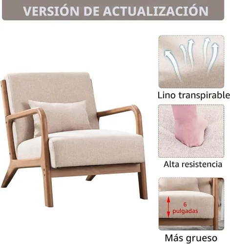 Vista 3 de ANJ ANJHOME Silla moderna de mediados de siglo, estilo Accent, con asiento de tela cómoda para sala de estar con estructura de madera maciza, sillón