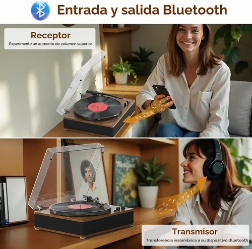 Vista 2 de Tocadiscos de vinilo de 3 velocidades, elegante plato giratorio Bluetooth de tamaño completo con entrada/salida Bluetooth, altavoces integrados