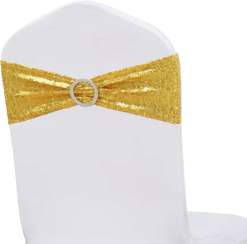 Vista 6 de Bandas de silla doradas totalmente cubiertas de lentejuelas brillantes para bodas, bandas de silla con purpurina brillante y lazos para decoraciones