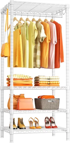 Vista 13 de Ulif H2 - Perchero resistente para ropa de 4 niveles independiente, estante para colgar ropa con estantes y perchas, organizador de clóset y sistema