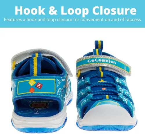 Vista 5 de JOSMO Zapatos Cocomelon para niños y niñas, sandalias de pescador con puntera cerrada, JJ para niños, correa de playa, sandalias al aire libre