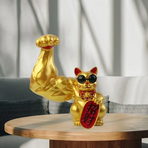 Vista 5 de Prettyia Estatua de gato de la suerte, brazo agitador de gato de la suerte, brazo musculoso de mano gigante, decoración de gato agitado, gato