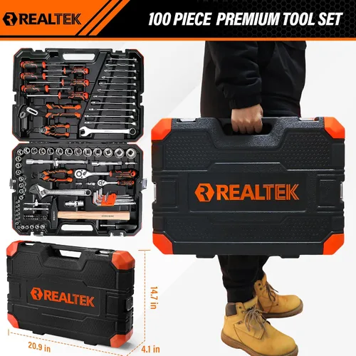 Vista 2 de REALTEK Juego de herramientas mecánicas de 100 piezas, kit de herramientas para automóvil, llave de vaso Cr-V, kit de reparación automática incluye