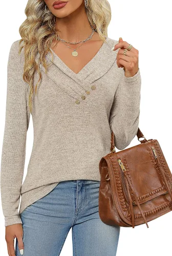 Vista 5 de FMEYOA Blusa casual de manga larga para mujer, para usar con leggings, cuello en V, con botones, estilo casual