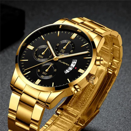 Vista 4 de yunanwa Paquete de 4 relojes para hombre, de lujo, casual, para negocios, impermeables, militares, de cuarzo, correa de acero inoxidable, dorado