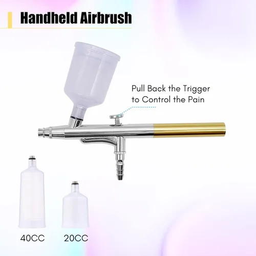 Vista 6 de Kit de aerógrafo con compresor, juego de cepillos de aire de mano, presión ajustable de 5 niveles de doble acción con 2 vasos de pintura