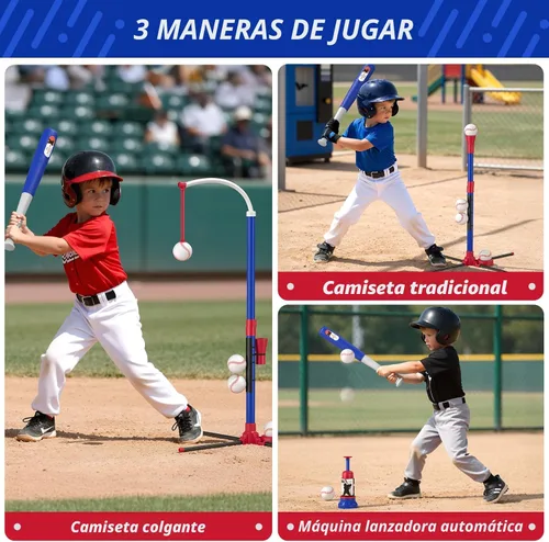 Vista 2 de HYES Juego de béisbol 3 en 1 para niños de 3 a 5 años - Soporte para pelota de tee, tee colgante, lanzador de pelotas y 6 pelotas de sóftbol