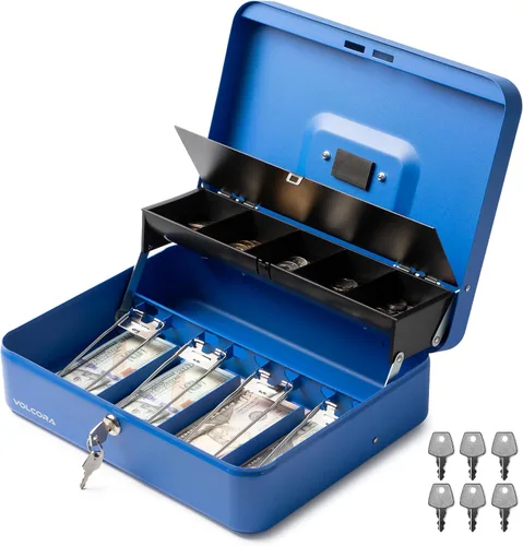 Vista 12 de Volcora Caja Grande de Dinero con Cerradura de Llave, Caja de Dinero de Metal para Efectivo, Caja de Seguridad con Cerradura Portátil y Bandeja