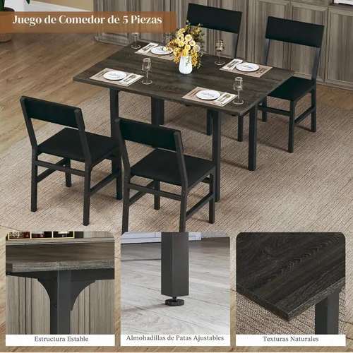Vista 5 de HUAHUU Juego de mesa de comedor para 4, juego de sillas con cojín para cocina extensible de 4, mesa de comedor rectangular con marco de metal