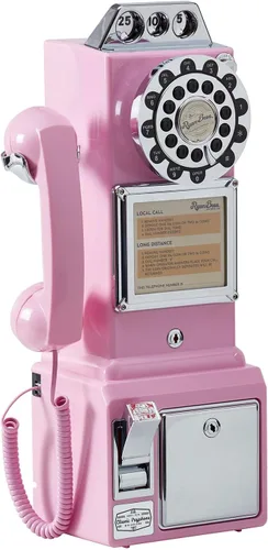 Vista 12 de Ryan Bros. Teléfono de pago retro americano de los 1950 con banco de monedas, teléfono fijo de pared con cable (negro)