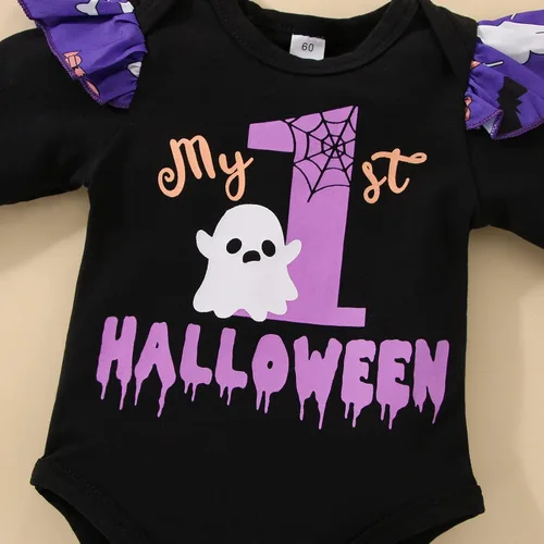 Vista 4 de DOMOABEI My First Halloween - Conjunto de bebé niña recién nacida falda calabaza mameluco 0-18 meses Púrpura