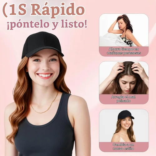 Vista 2 de SEGO - Peluca de gorra con pelo adjunto para mujer, gorra negra de béisbol con extensiones de pelo, gorra de béisbol larga y ondulada con ajuste