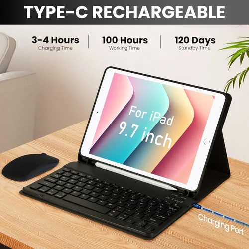 Vista 6 de SOPPY Funda con teclado Bluetooth con mouse para iPad de 6ª/5ª generación, iPad Pro de 9.7 pulgadas, Air 1/2, teclado inalámbrico desmontable