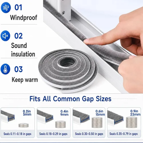 Vista 3 de ZOMPAGO Tira de sellado para puertas y ventanas de cepillo - 0.4 inx0.4inx33FT, tira de sellado efectiva para puertas y ventanas, tira de Tira