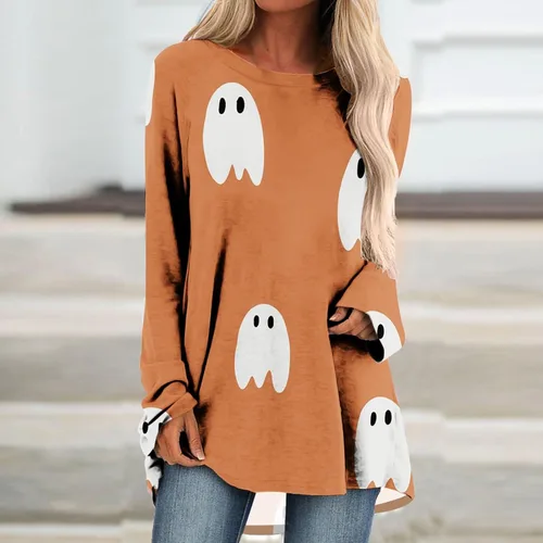 Vista 2 de Huilaibazo Túnica de Halloween para mujer, camisas gráficas de telaraña, blusa de manga larga fluida, túnica de talla grande para leggings