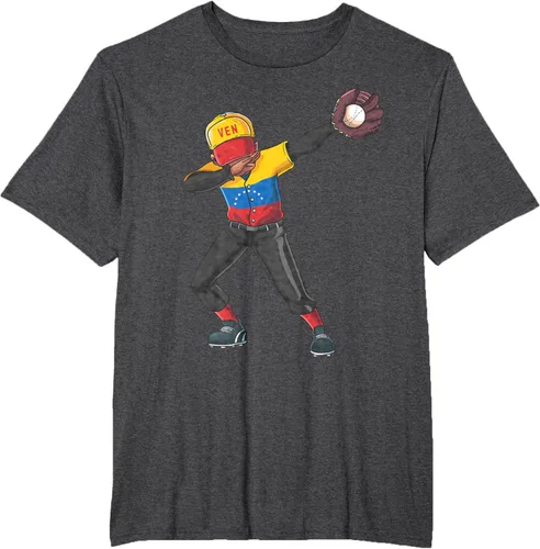 Vista 20 de Baseball Dabbing Venezuela Player Catcher Pitcher Hombres Niños Camiseta, Negro