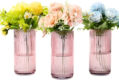 Vista 25 de Jarrón de vidrio ámbar, florero de cristal, jarrón de vidrio acanalado, moderno jarrón para flores, jarrón alto de vidrio para sala de estar, mesa