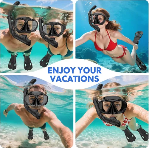 Vista 7 de Mask Fin Snorkel Set, Travel Size Snorkeling Gear for Adults with Panoramic View Anti-Fog Mask, Fins, Dry Top Snorkel for Swimming Training
