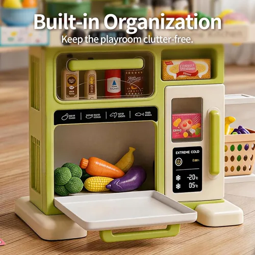 Vista 5 de Juego de cocina para niños de 33.8 pulgadas - 70 piezas con sonido y luz - Estufa de cocina con vapor, fregadero de juego y accesorios de cocina
