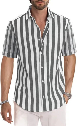 Vista 16 de JMIERR Camisa de vestir a rayas de algodón con botones y manga corta para hombre 1 raya azul cielo