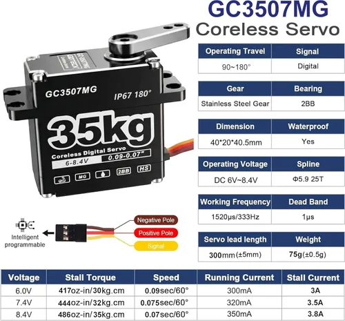 Vista 2 de GOTECK - Servo digital sin núcleo de 77.2 lbs, gran par de 8.4 V, engranaje de metal completo IP67, servo de dirección impermeable con servo bocina
