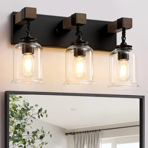 Vista 10 de VbiTmn Accesorios de Iluminación para Baño Estilo Granja, Lámpara de Tocador para Baño de 2 Luces Negro Mate, Estilo Industrial con Pantallas