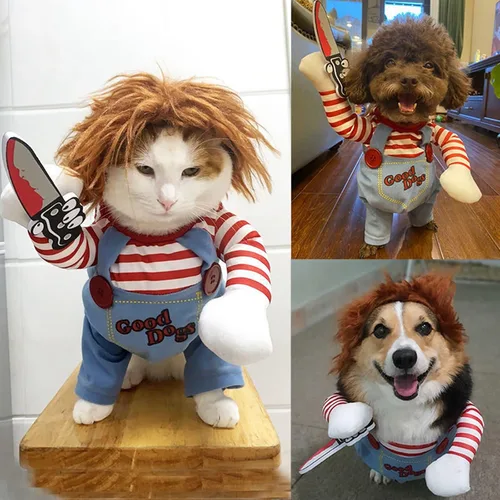 Vista 6 de Disfraz de muñeca mortal para perro, cosplay, Halloween y Navidad, disfraz de fiesta para perros pequeños, medianos y grandes (S)