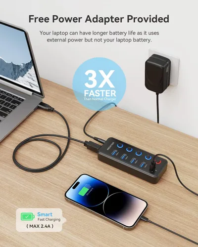 Vista 6 de Wenter Hub USB 3.0 con 5 puertos USB 3.0 (4 puertos de transferencia de datos + 1 puerto de carga inteligente) con interruptores LED individuales