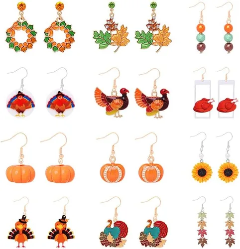 Vista 2 de Caiyao Lindos aretes de madera de pavo de dibujos animados de Acción de Gracias para mujeres y niñas, ligeros aretes de Acción de Gracias, resina