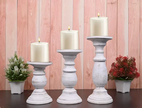 Vista 5 de Samhita Juego de 3 candelabros de madera - Candelabro decorativo tallado a mano para sala de estar o centro de mesa