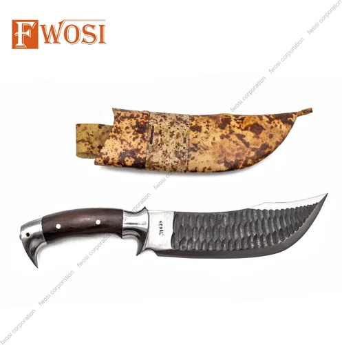 Vista 4 de Kukri Blade - Cuchillo de hoja fija, cuchillo machete Kukri - acero de alto carbono de Leafspring - Mango de palisandro - Funda de cuero marrón