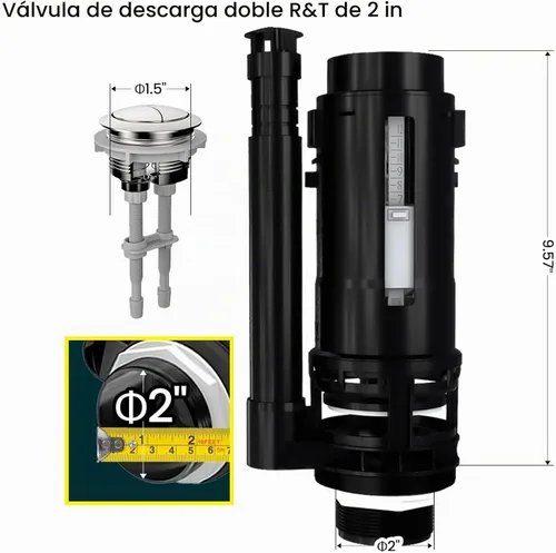 Vista 4 de R&T Válvula de descarga doble de 2 pulgadas con botón superior Kit de reparación de inodoro Tanque interior Kit de repuesto de válvula de descarga