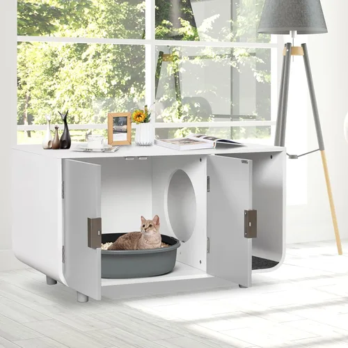 Vista 3 de Tangkula Mueble de caja de arena para gatos, baño oculto para gatos con patas y tapetes de madera de goma, casa interior para gatos