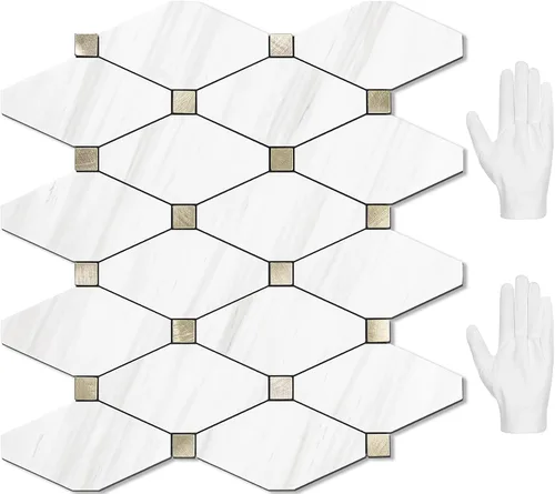 Vista 9 de STICKGOO 1 hoja de salpicaduras de pared para despegar y pegar, adhesivos de azulejos compuestos de aluminio Calacatta, salpicaduras autoadhesivas