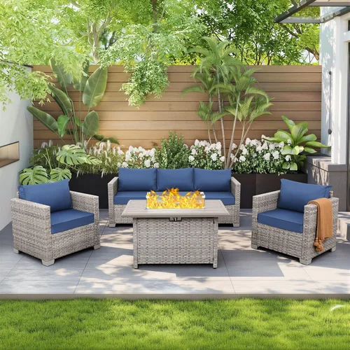 Vista 10 de WAROOM Juego de muebles de patio de 4 piezas para conversación de mimbre para exteriores, sofá seccional de ratán PE con mesa de almacenamiento Gris