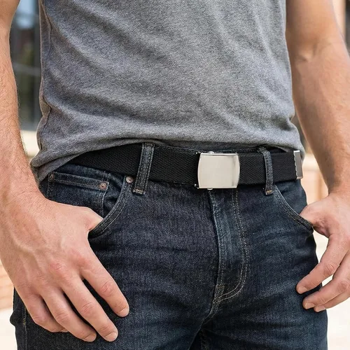 Vista 2 de BC Belts Cinturón de tela de lona con hebilla cromada de 54 pulgadas de largo, estilo militar totalmente ajustable