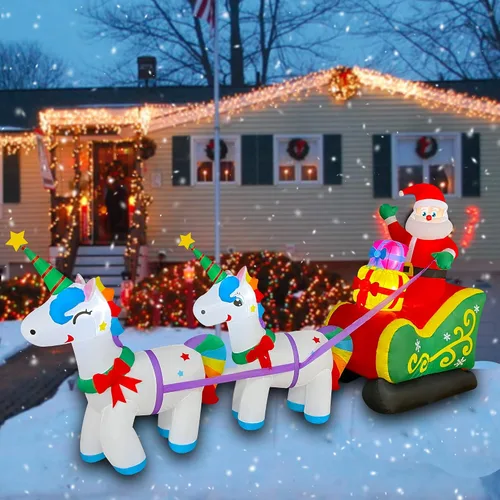 Vista 3 de SEASONBLOW Papá Noel inflable de Navidad de 9 pies en trineo con 2 decoraciones de unicornio con luz LED para patio, césped, jardín, hogar, fiesta