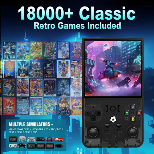 Vista 2 de R36Max - Consola de juegos portátil, mini consola de juegos de mano retro, consola de videojuegos IPS de 4.0 pulgadas con tarjeta TF de 64 GB más