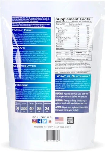 Vista 2 de Ryno Power Hydration Fuel - Mezcla de bebida con electrolitos de 2 libras (20 porciones) 'Fruit Punch' - Fórmula avanzada de electrolitos + BCAA