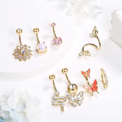 Vista 7 de Dochais 8 anillos para ombligo de acero inoxidable quirúrgico para mujer, aretes colgantes para ombligo de mariposa, circonita cúbica