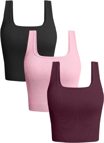 Vista 7 de OLCHEE - Camisetas cortas sin mangas para mujer, pack de 3, básicas, sin costuras, acanaladas, cuello cuadrado, para entrenamiento, verano Negro +