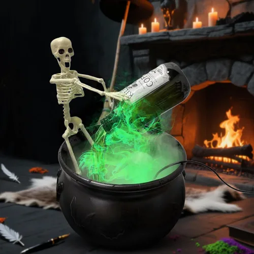 Vista 2 de Decoraciones de Halloween para interiores, caldero con botellas de poción flotantes mágicas y difusor, cuenco de brujas de plástico negro