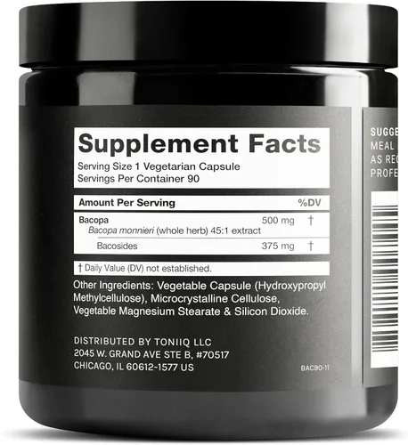 Vista 2 de Toniiq Bacopa - Extracto de ultra alta potencia 45:1 con 75% de bacosidos - altamente concentrado - probado en laboratorio de terceros - 90 cápsulas