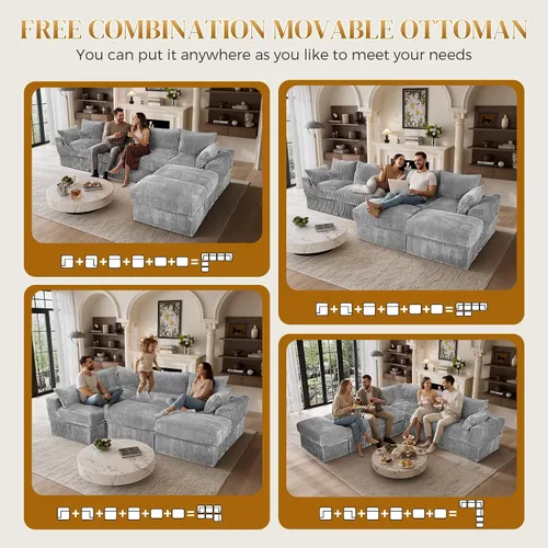 Vista 4 de Sofá modular sin hueso de 122 pulgadas con almacenamiento, sofá nube en forma de U con asiento extra profundo, sofás seccionales de pana de 6 plazas