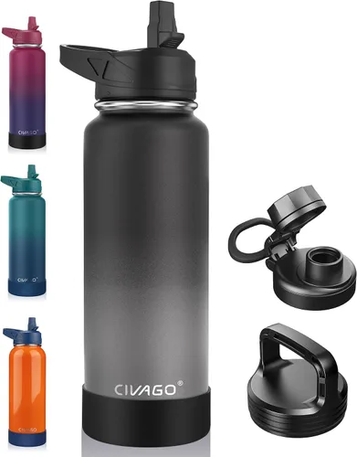 Vista 59 de CIVAGO Botella de agua aislada de 22 onzas con pajita, frasco de agua deportiva de acero inoxidable con 3 tapas