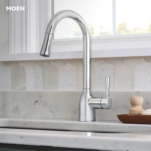 Vista 9 de Moen Adler Grifo de fregadero de cocina cromado de un solo mango con arco alto y fuerza de limpieza, llave de cocina moderna con rociador extraíble